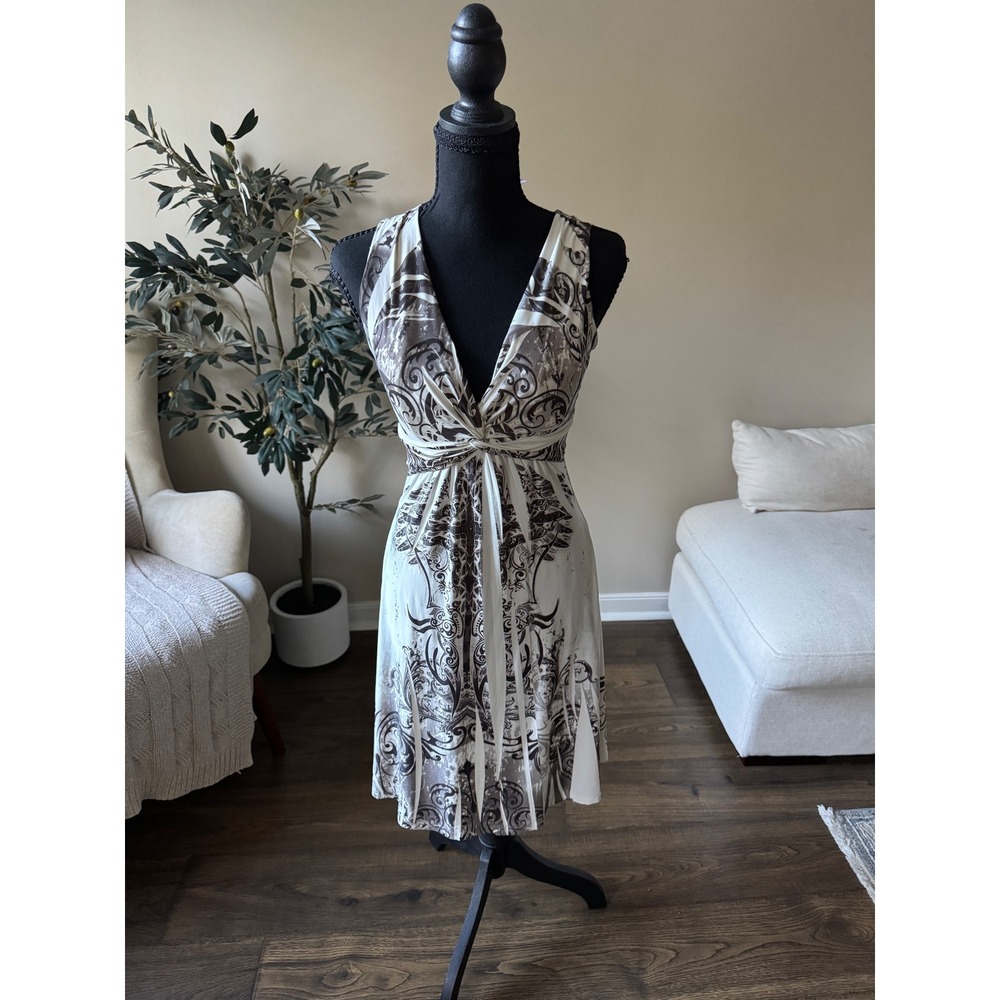 Sky Womens Brown Ivory Filigree Scroll Print Twist Front V-Neck Dress Medium